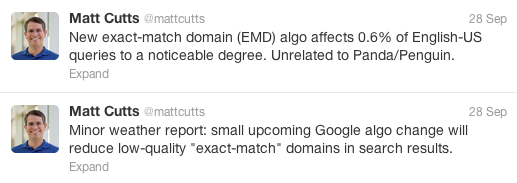 Matt Cutts' tweet about the Google EMD algorithm update